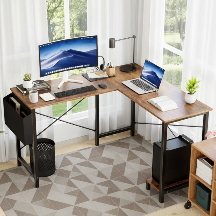 Modern RUSTIC L-shaped desk with computer setup in a bright room.