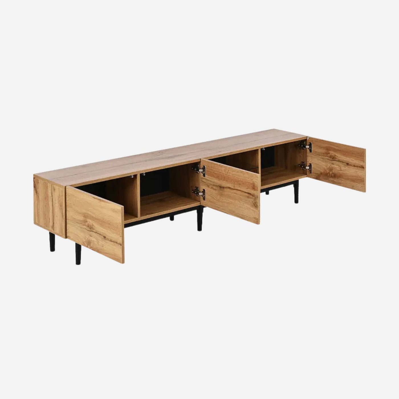 Modern TV stand for up to 80-inch TVs with four cabinets, open shelves, cable slot, MDF core and metal frame.