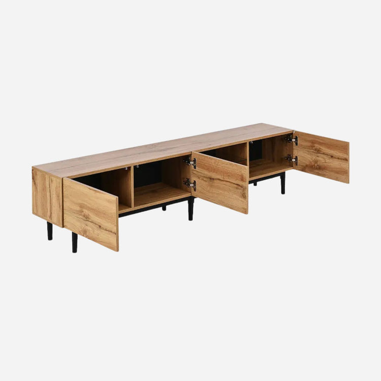 Modern TV stand for up to 80-inch TVs with four cabinets, open shelves, cable slot, MDF core and metal frame.
