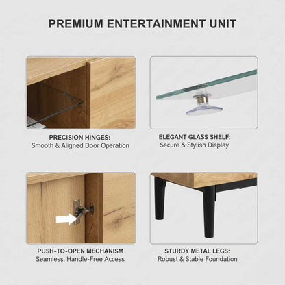 Modern TV stand with 4 cabinets and open shelves, cable slot; glass shelf, push-to-open, sturdy metal legs.