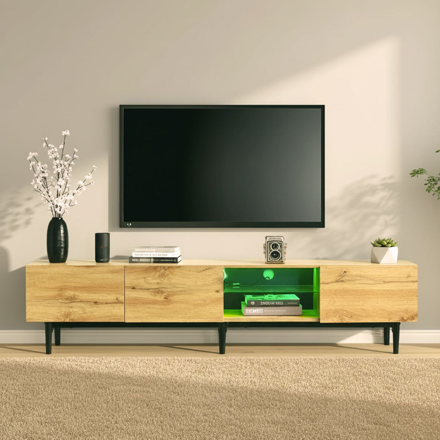 Modern TV stand with 4 cabinets and open shelves, cable slot, wood finish and metal frame, for up to 80-inch TVs.