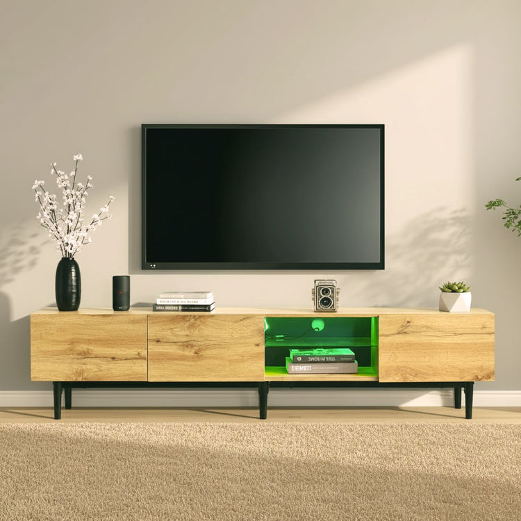 Modern TV stand with 4 cabinets and open shelves, cable slot, wood finish and metal frame, for up to 80-inch TVs.