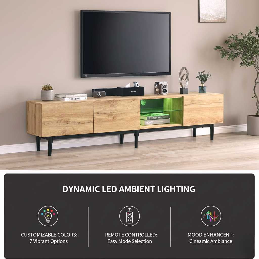 Modern TV stand with 4 cabinets, open shelves, and cable slot under a wall-mounted TV; MDF core with metal frame.