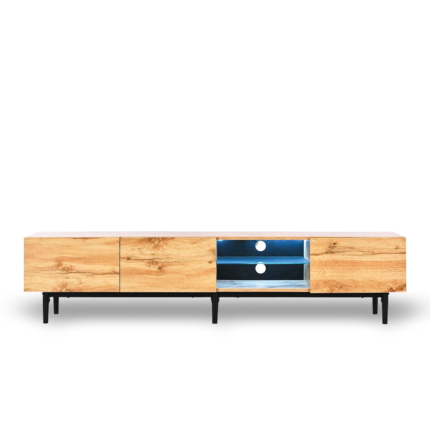 Modern TV stand with 4 cabinets, open shelves, cable slot, wood finish and metal frame.