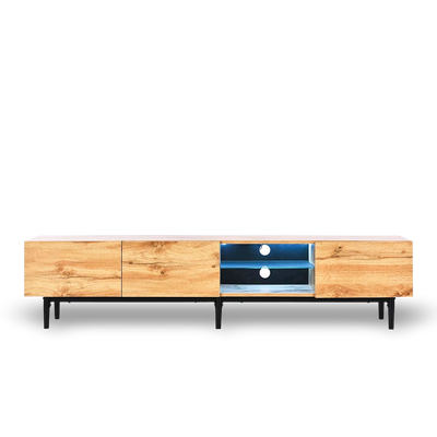 Modern TV stand with 4 cabinets, open shelves, cable slot, wood finish and metal frame.