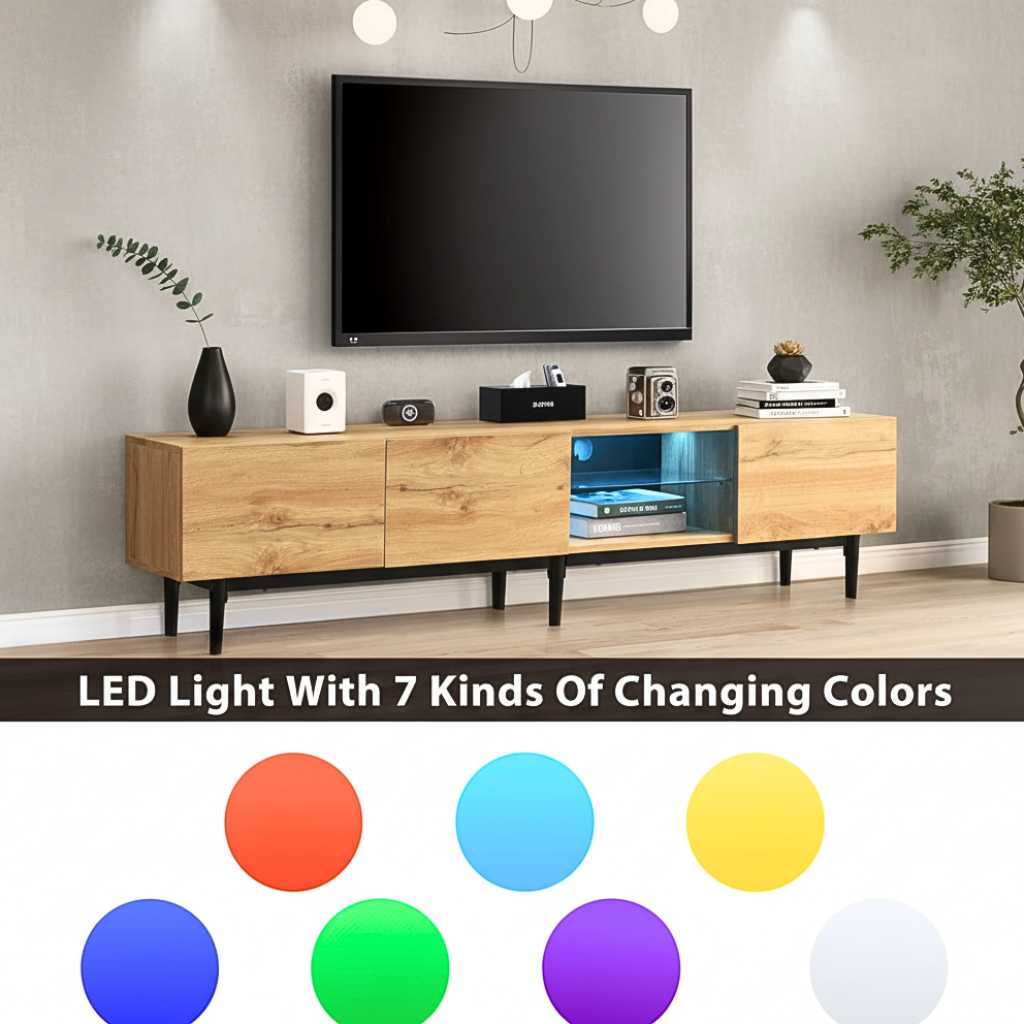 Modern TV stand with four cabinets, open shelf, and cable slot; metal frame for up to 80-inch TVs with LED lighting.