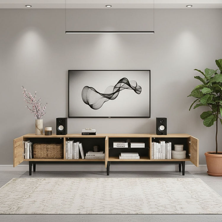 Modern TV stand with four cabinets, open shelves, and cable slot; ideal for up to 80-inch TVs.