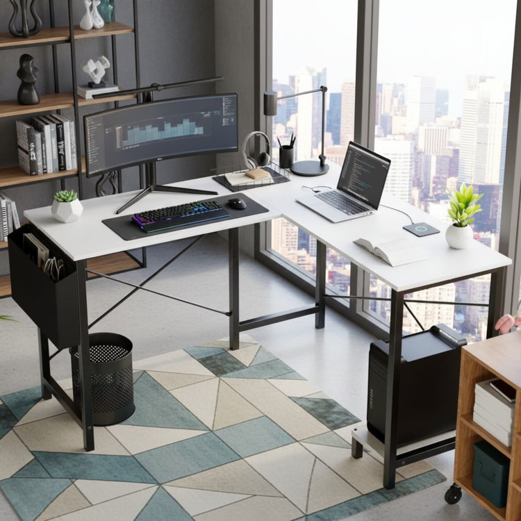 Modern WHITE home office with a L-shaped desk, computer setup, and city view.