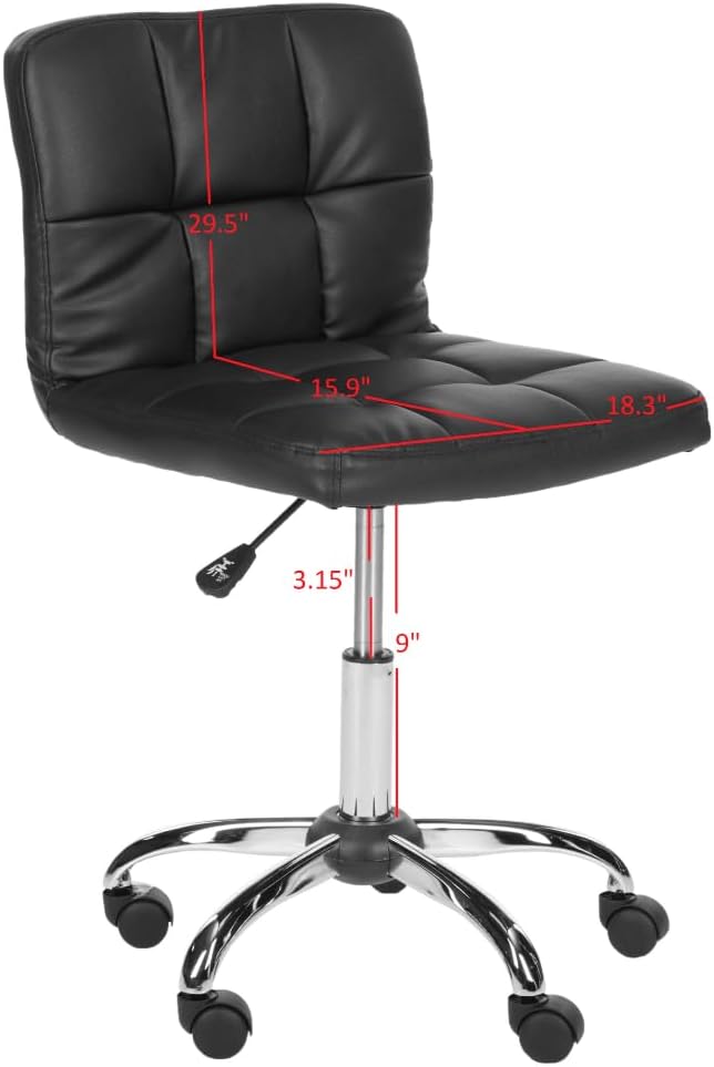 Modern black faux-leather cushion home office desk chair with Bauhaus-inspired comfort, quilted, chrome base.