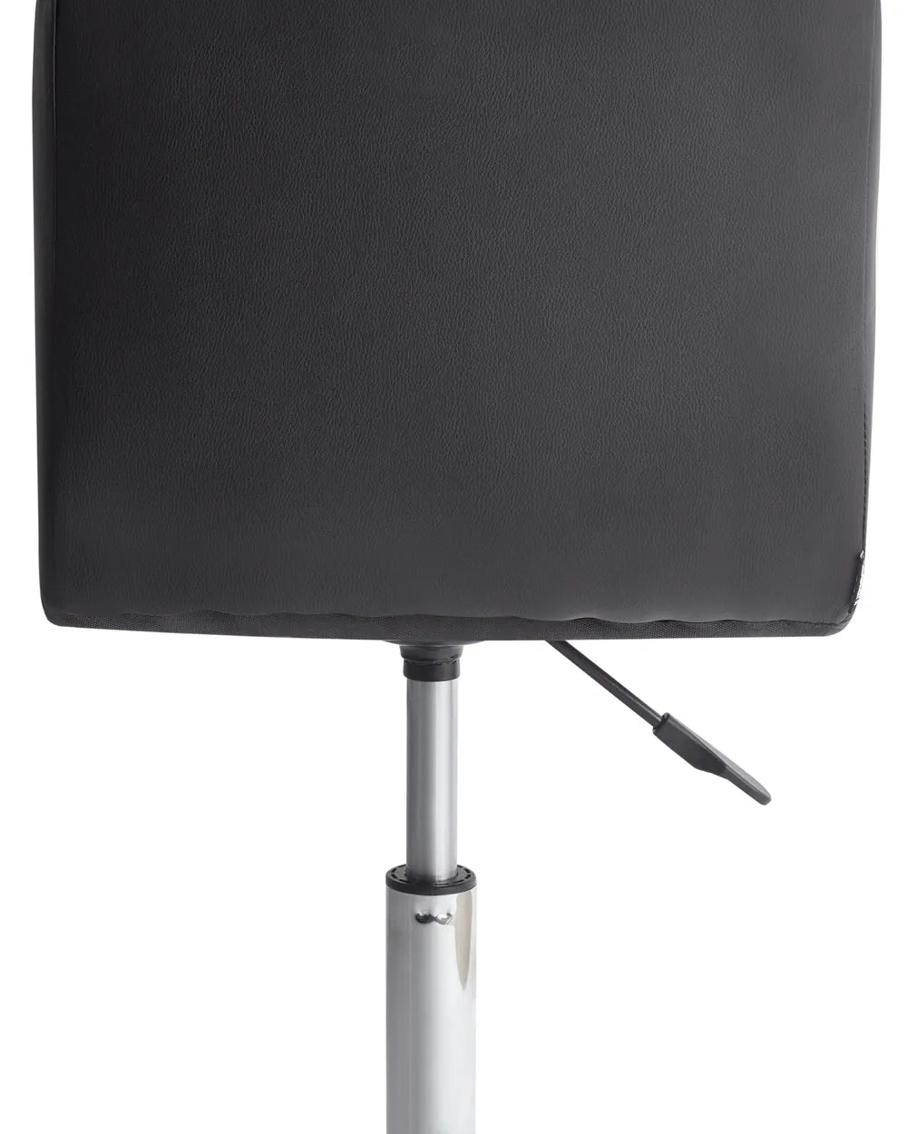 Modern black faux leather cushion backrest on a chrome gas-lift office chair.