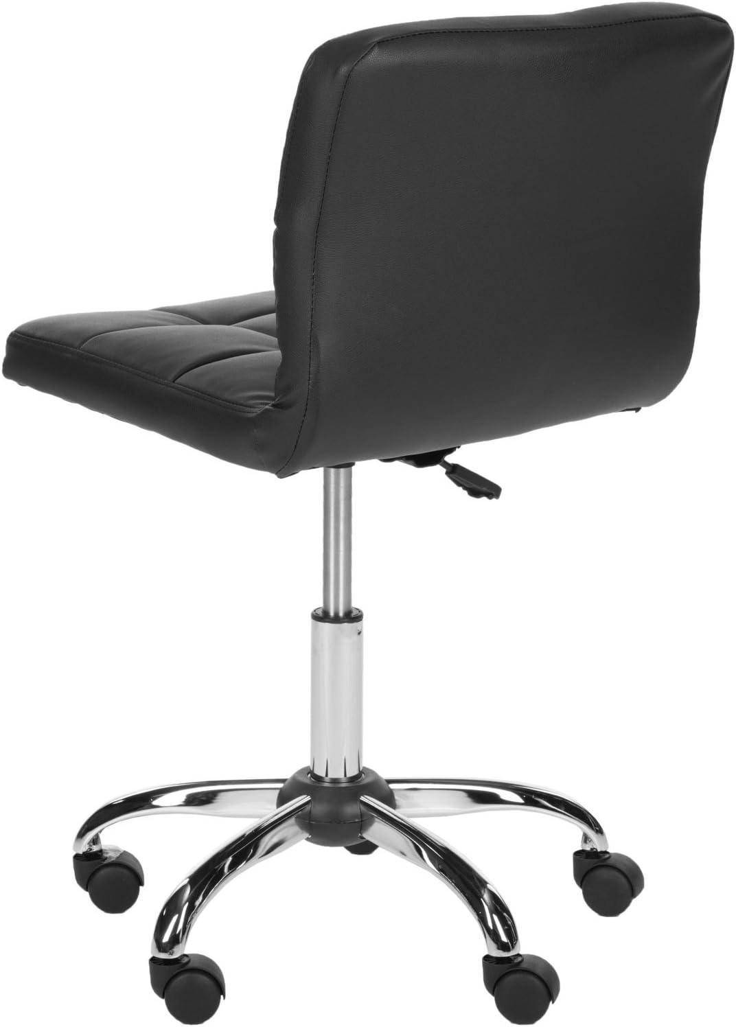 Modern black faux leather cushion desk chair with Bauhaus-inspired comfort and chrome five-star base.