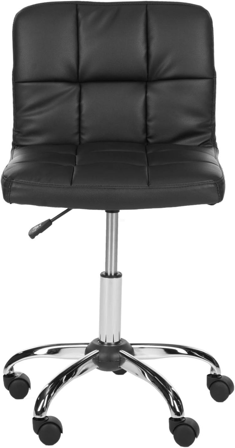 Modern black faux leather cushioned office chair with five-spoke chrome base and casters.