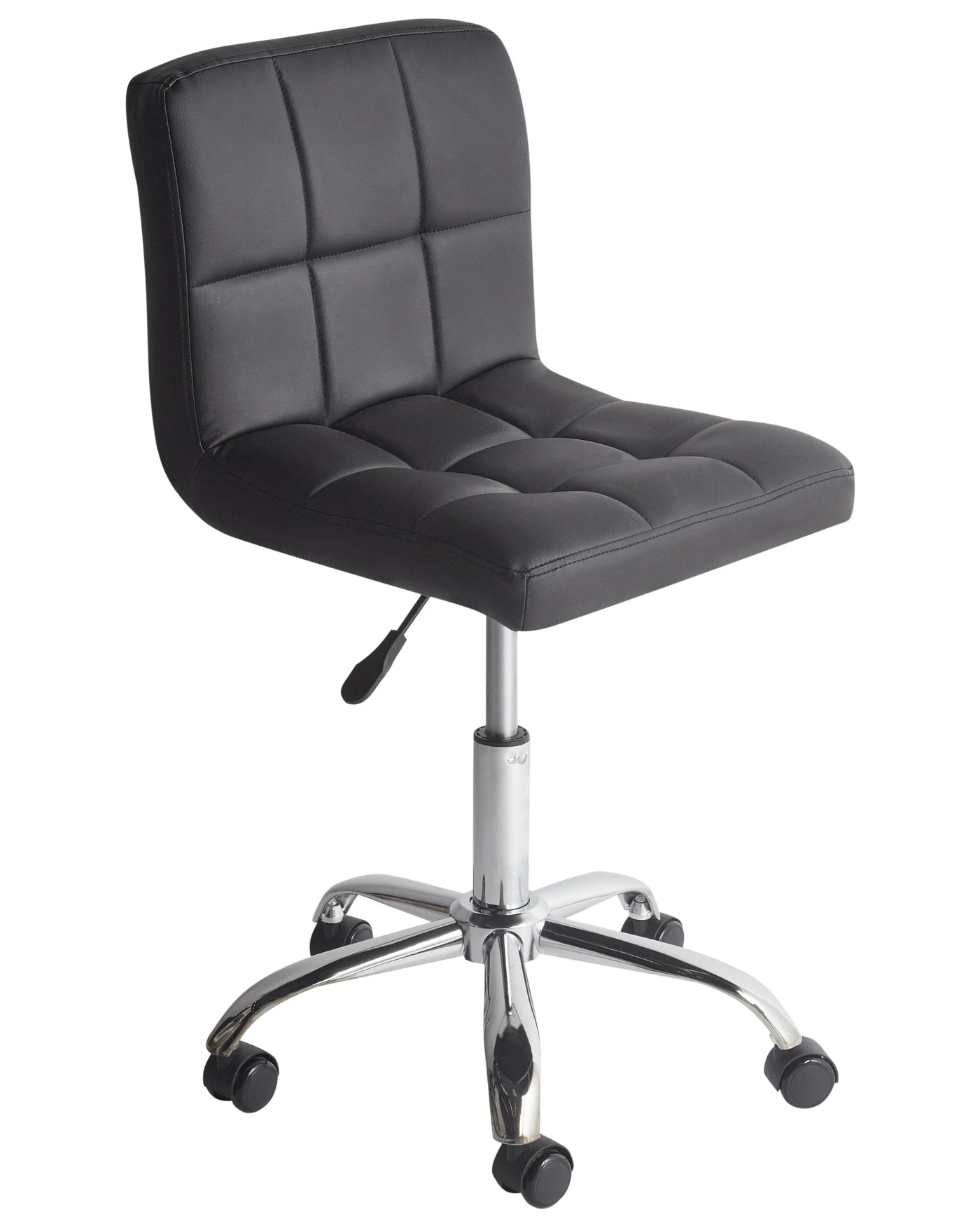 Modern black faux leather desk chair with quilted cushion, chrome five-star base, and casters