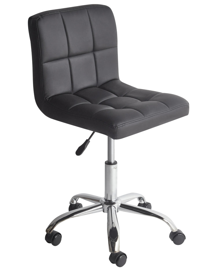Modern black faux leather desk chair with quilted cushion, chrome five-star base, and casters