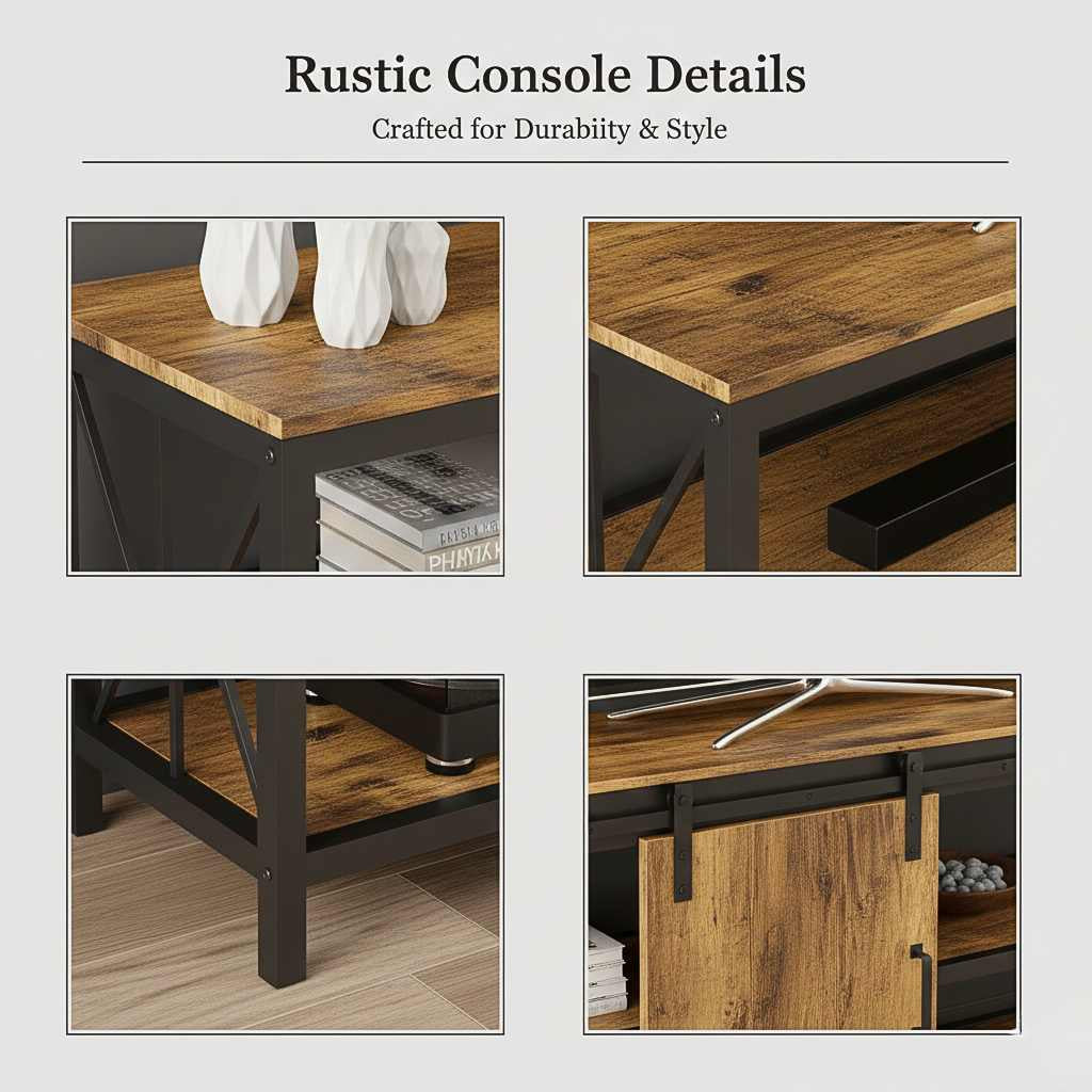 Modern black metal TV stand, barn wood finish shelves, open-back design, supports up to 70-inch TVs.