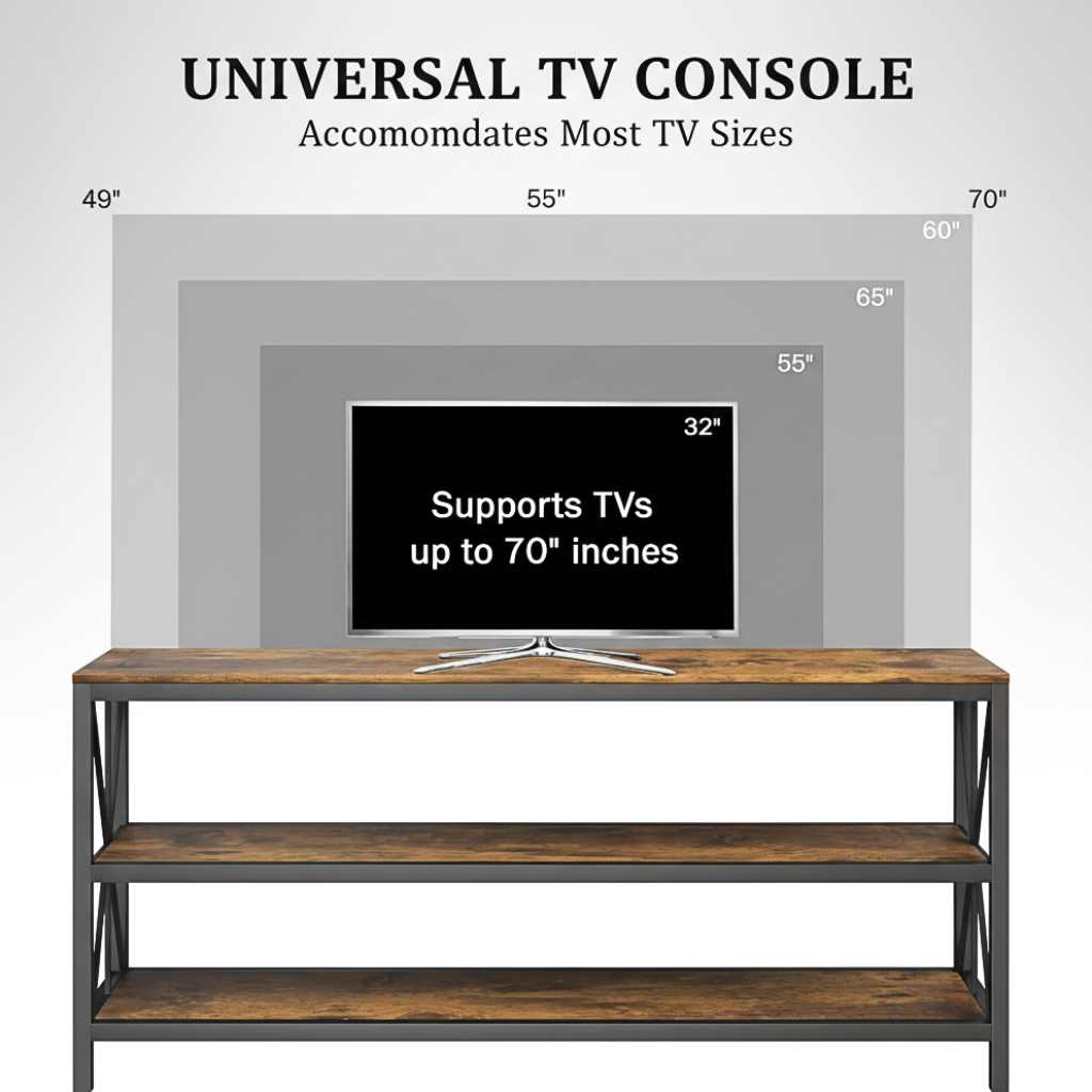 Modern black metal TV stand with barn wood finish shelves, 60-inch, open back for cables, supports up to 70-inch TVs.