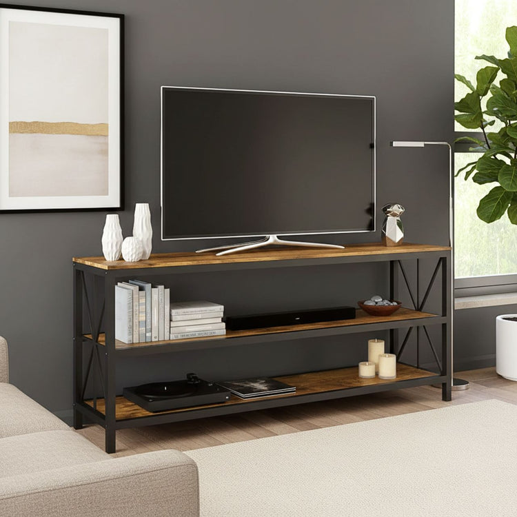 Modern black metal TV stand with barn wood finish shelves for 70-inch TV, open-back cable routing, farmhouse style.
