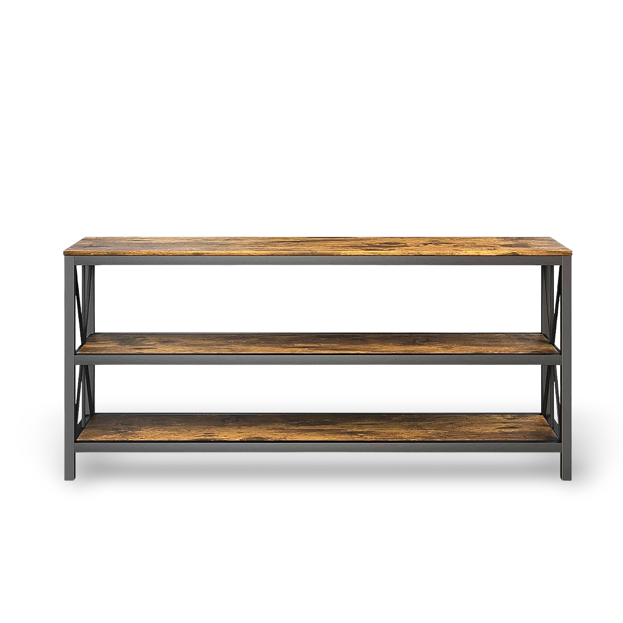 Modern black metal TV stand with barn wood finish shelves; open-back design, supports up to 70-inch TVs.