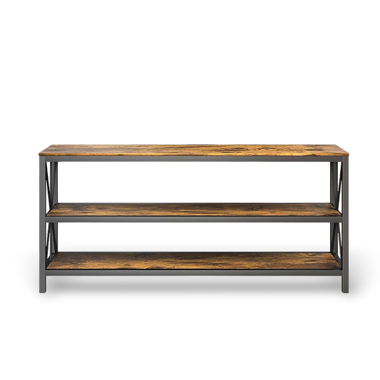 Modern black metal TV stand with barn wood finish shelves; open-back design, supports up to 70-inch TVs.