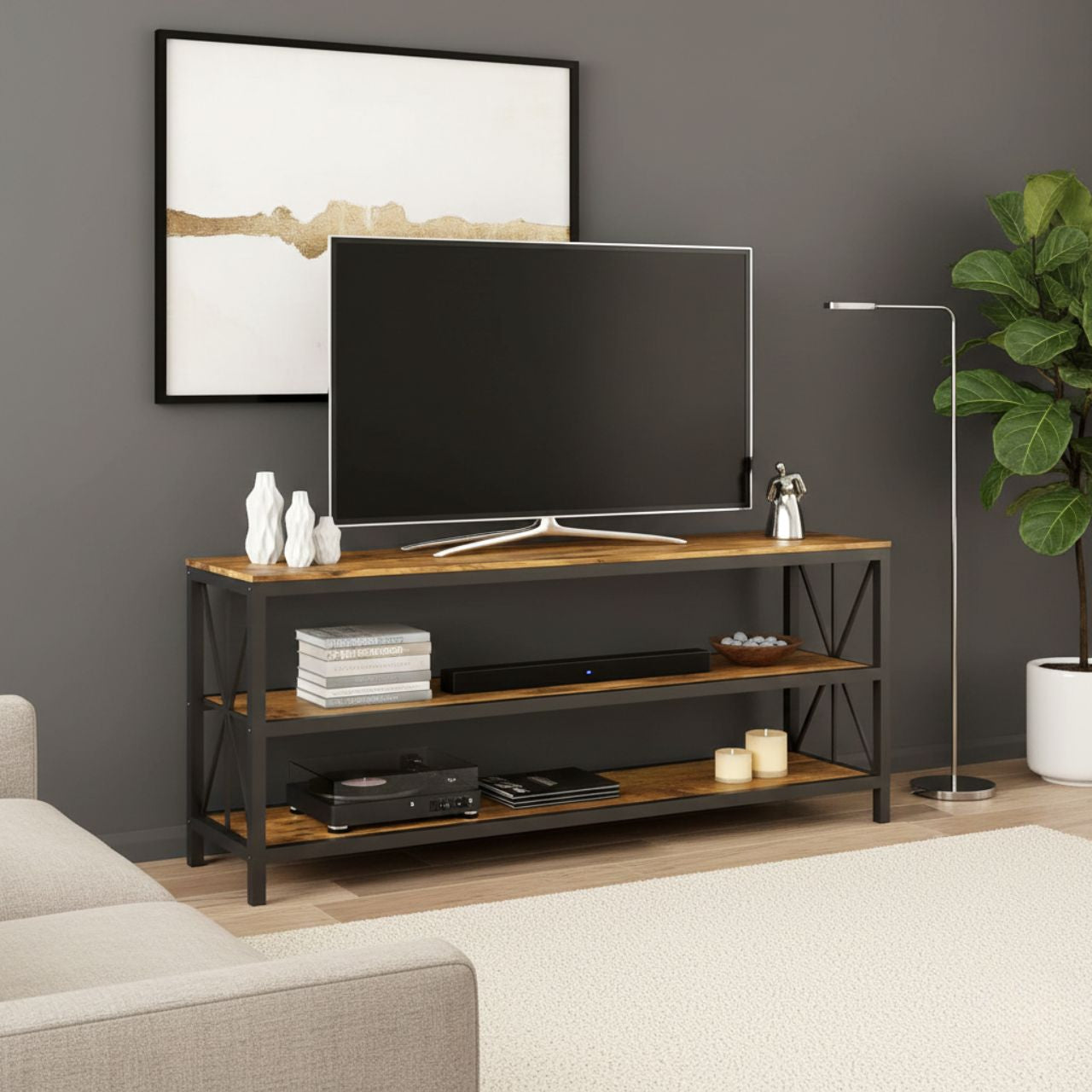 Modern black metal TV stand with barn wood finish shelves, open back for cable routing, supports up to 70-inch TVs.
