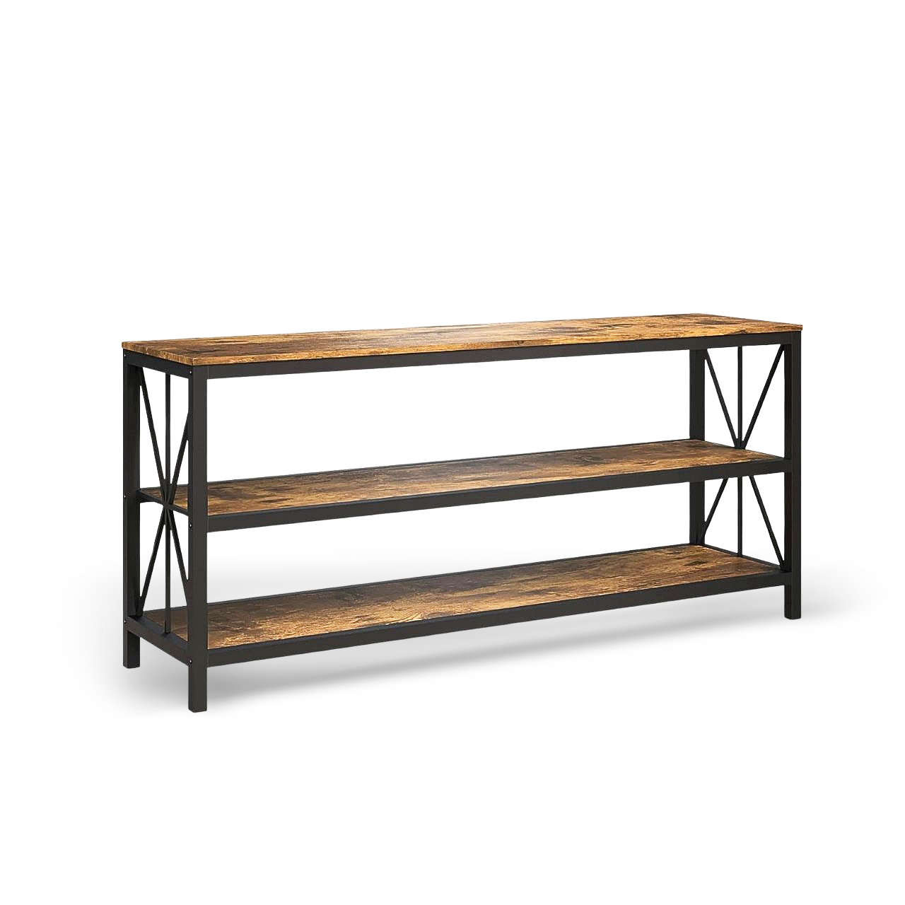Modern black metal TV stand with barn wood shelves, 60-inch wide, supports up to 70-inch TVs, open-back cable routing.