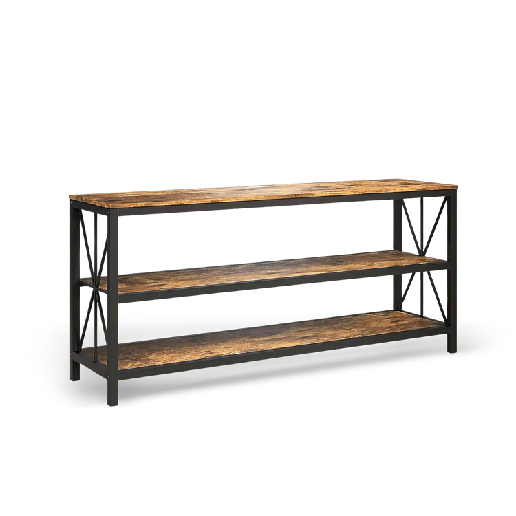 Modern black metal TV stand with barn wood shelves, 60-inch wide, supports up to 70-inch TVs, open-back cable routing.