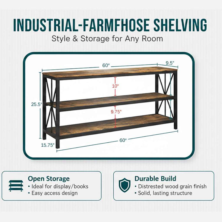 Modern black metal TV stand with barn wood shelves, 60-inch wide, open back for cables, supports up to a 70-inch TV.