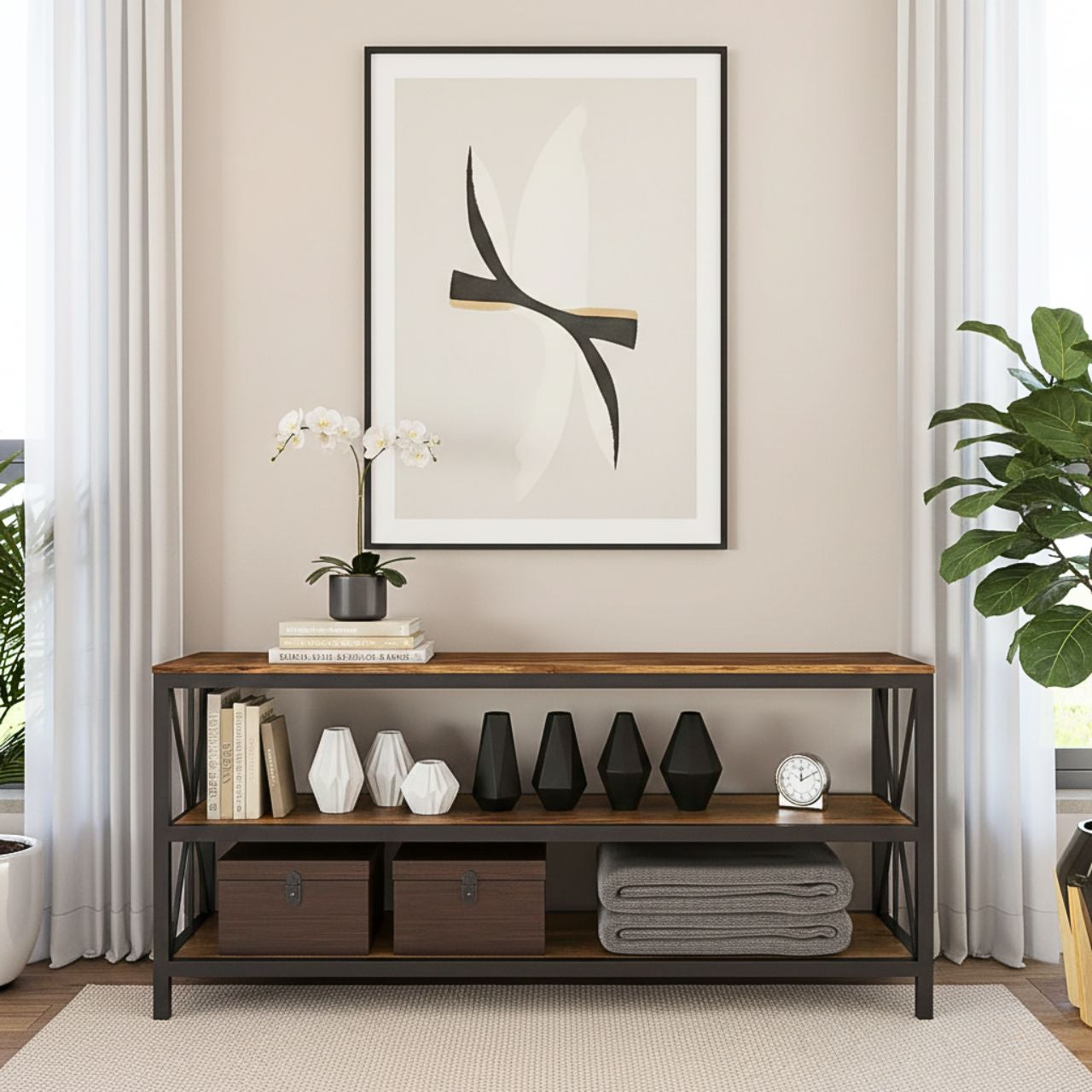 Modern black metal TV stand with barn wood shelves, open-back cable routing, fits up to 70-inch TVs.