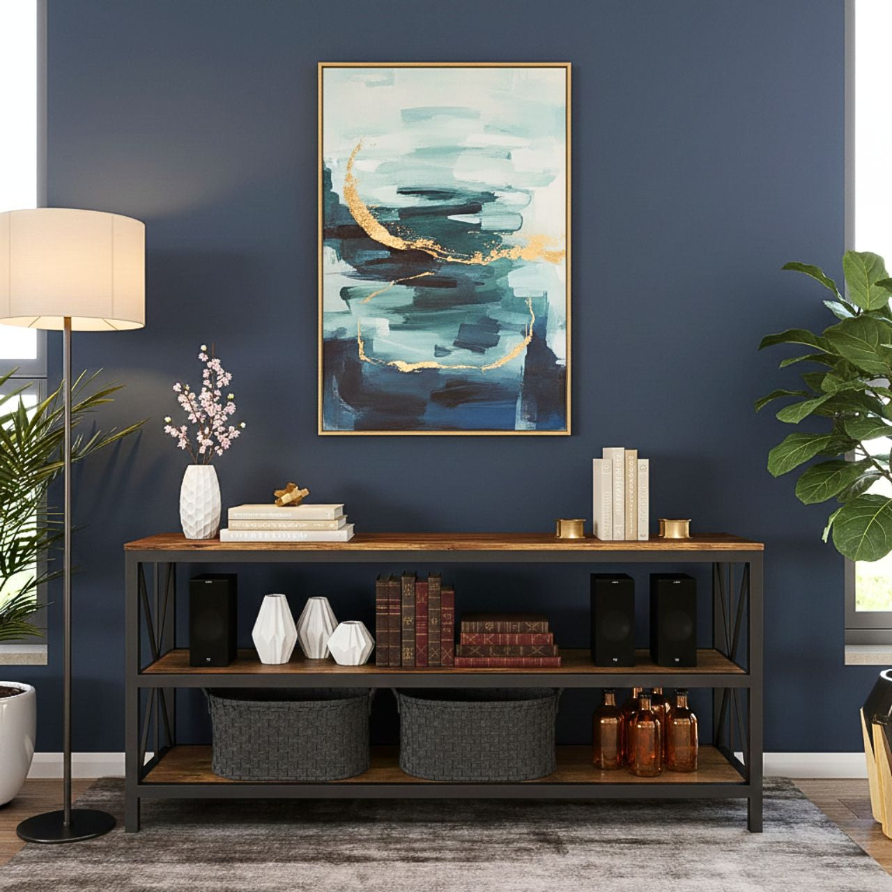 Modern black metal TV stand with barn wood shelves, open-back for cables, 60-inch, supports up to 70-inch TVs.