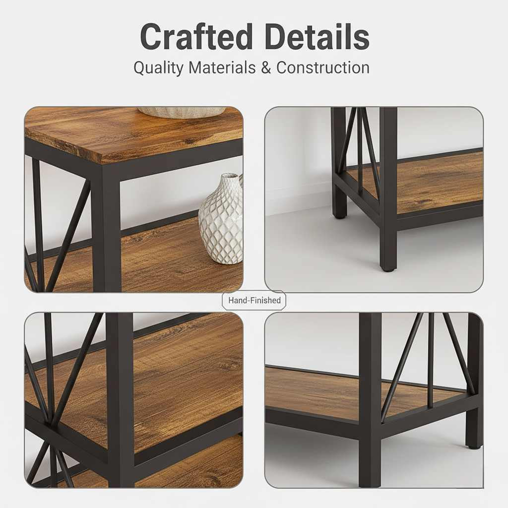 Modern black metal TV stand with barn wood shelves, open back for clean cable routing, supports up to 70-inch TVs.
