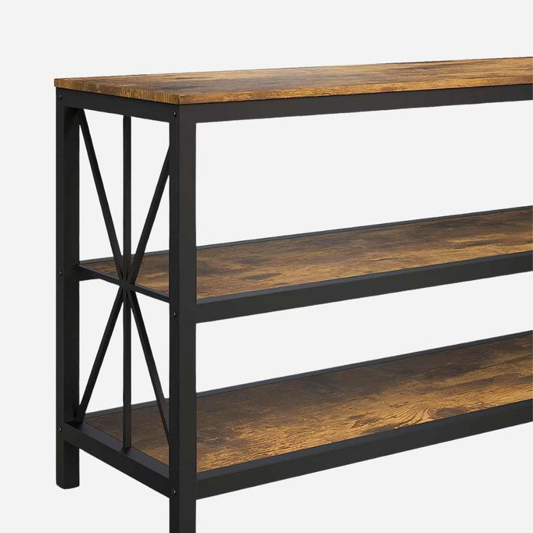 Modern black metal TV stand with barn wood shelves, three-tier open-back console with crisscross side panels.