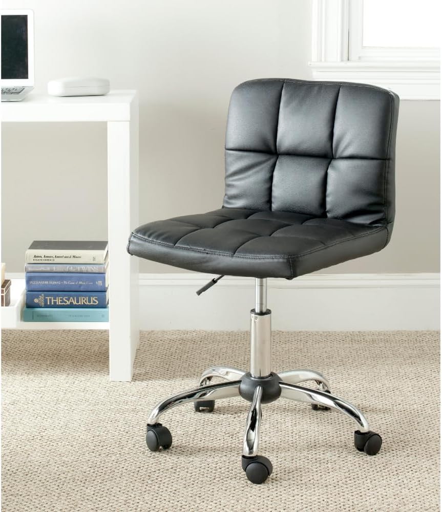 Modern black quilted PVC leather desk chair with chrome base for focused home office work.