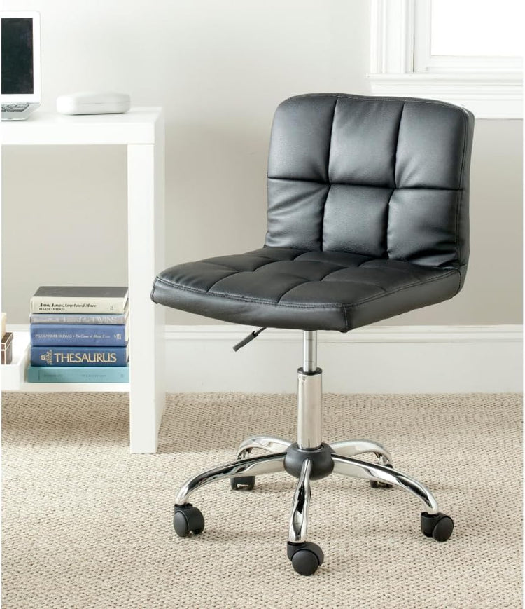 Modern black quilted PVC leather desk chair with chrome base for focused home office work.