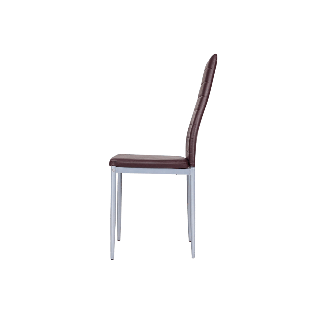 Modern high-back brown PVC dining chair with metal legs.
