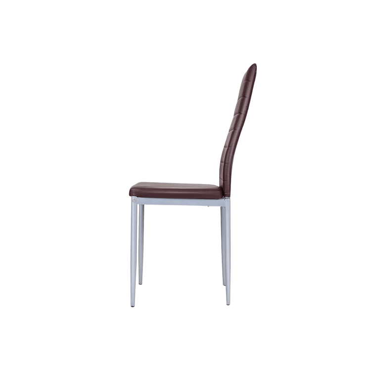 Modern high-back brown PVC dining chair with metal legs.