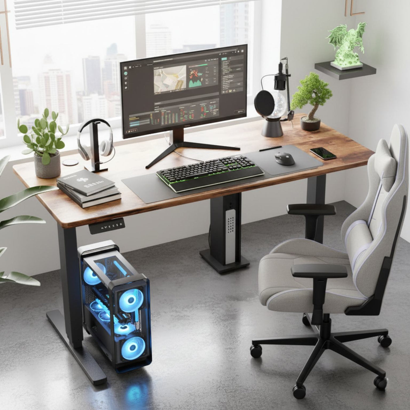 Modern home office setup with a desk, computer equipment, and chair.