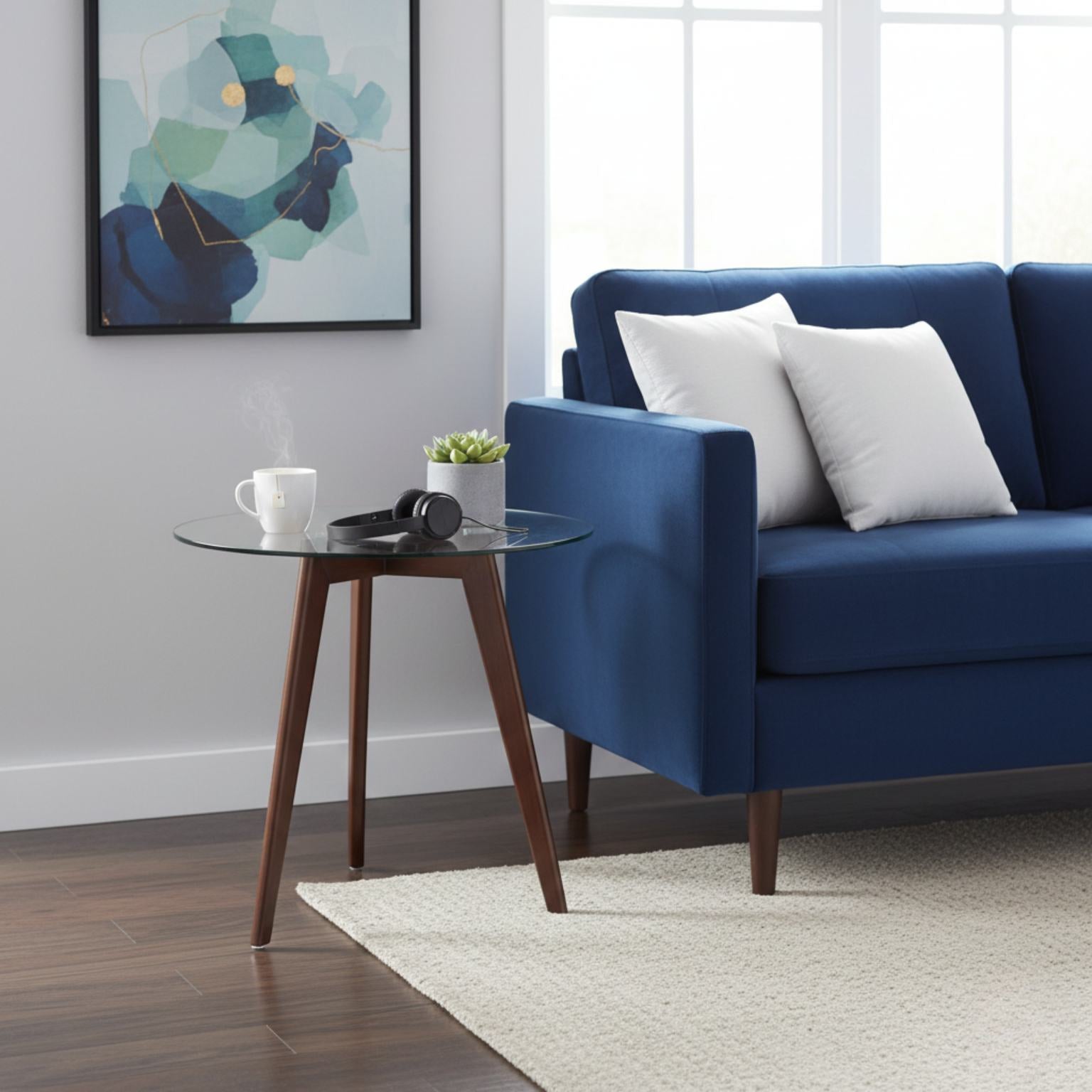 Modern living room with a blue sofa, glass side table, and abstract art on the wall.