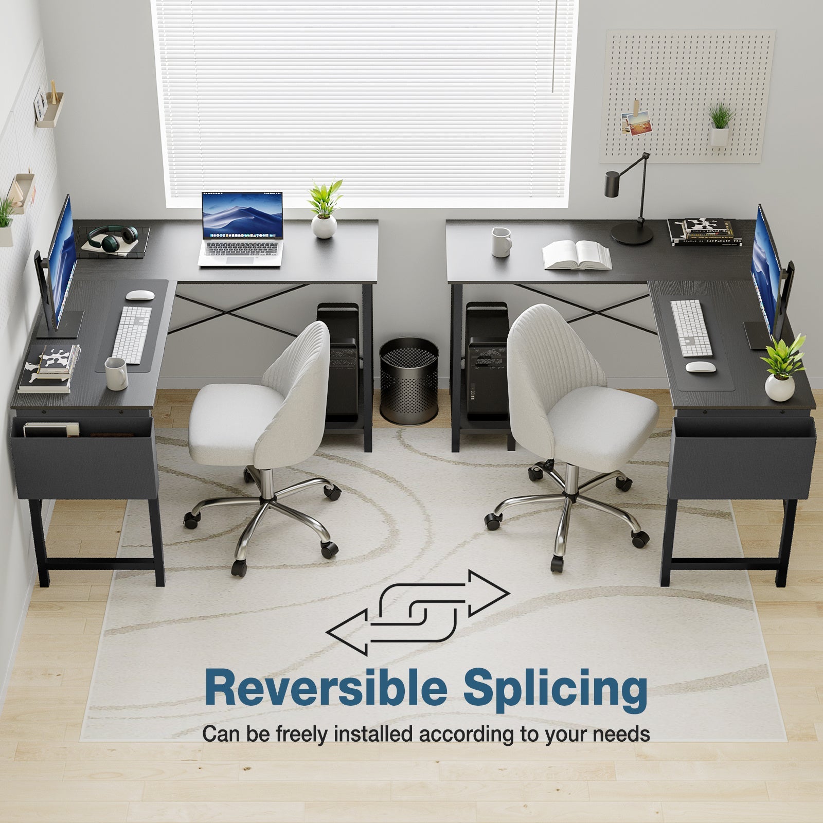Modern office setup with desks, chairs, and computer equipment, featuring reversible splicing feature.