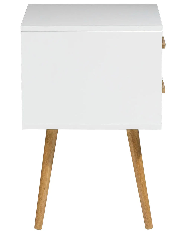 Modern white piano-finish end table nightstand with two drawers and angled natural wood legs.