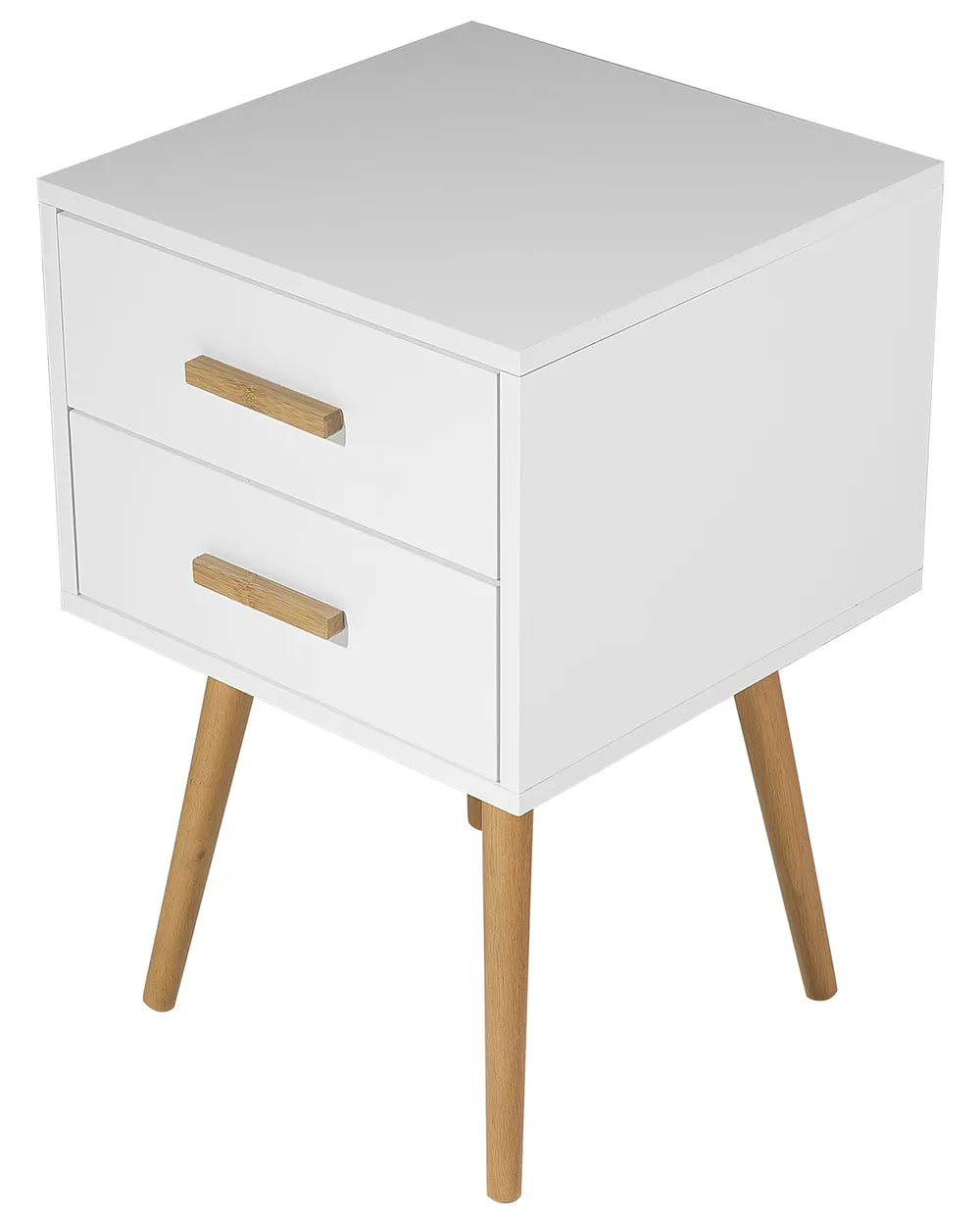 Modern white piano-finish end table with two drawers on tapered wooden legs.