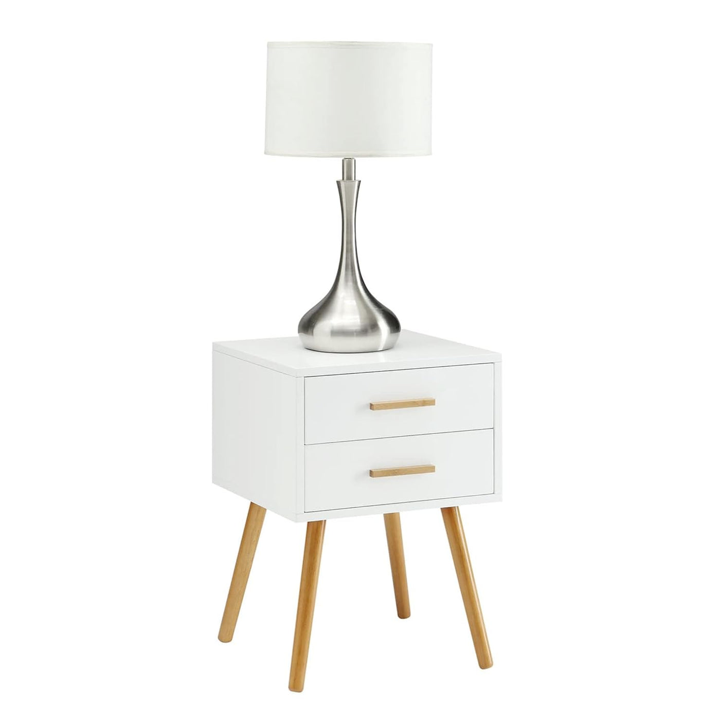 Modern two-drawer end table nightstand in white piano finish with angled wood legs and a lamp.