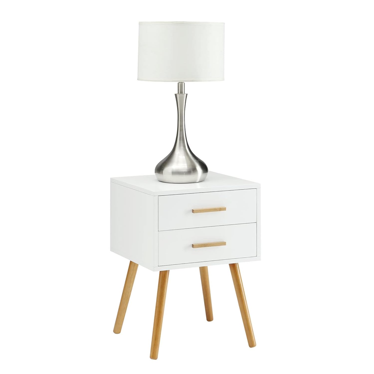 Modern two-drawer end table nightstand in white piano finish with angled wood legs and a lamp.