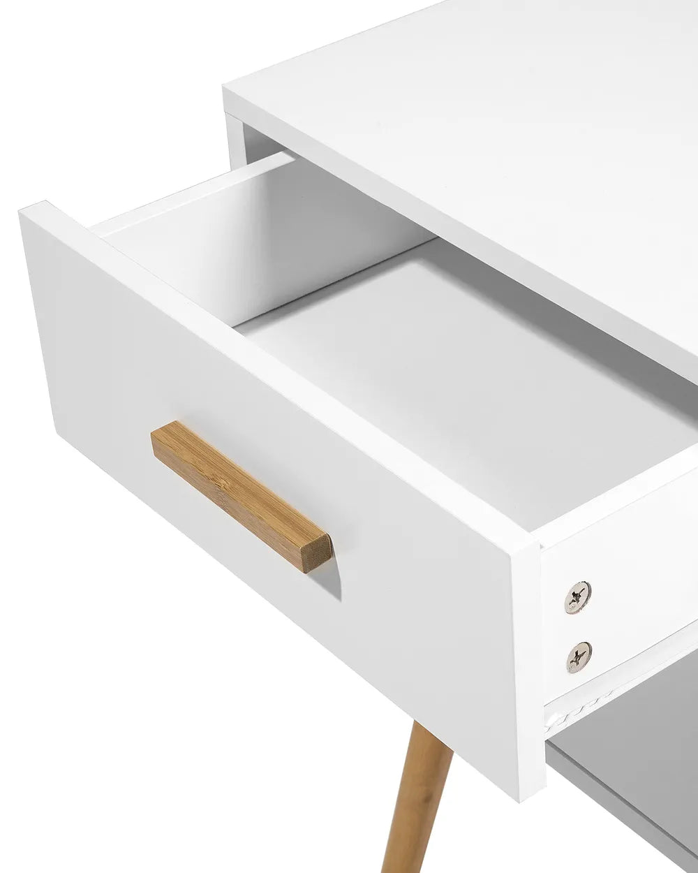 Modern white piano-finish end table with two drawers, angled wooden legs, and a rectangular wood handle.