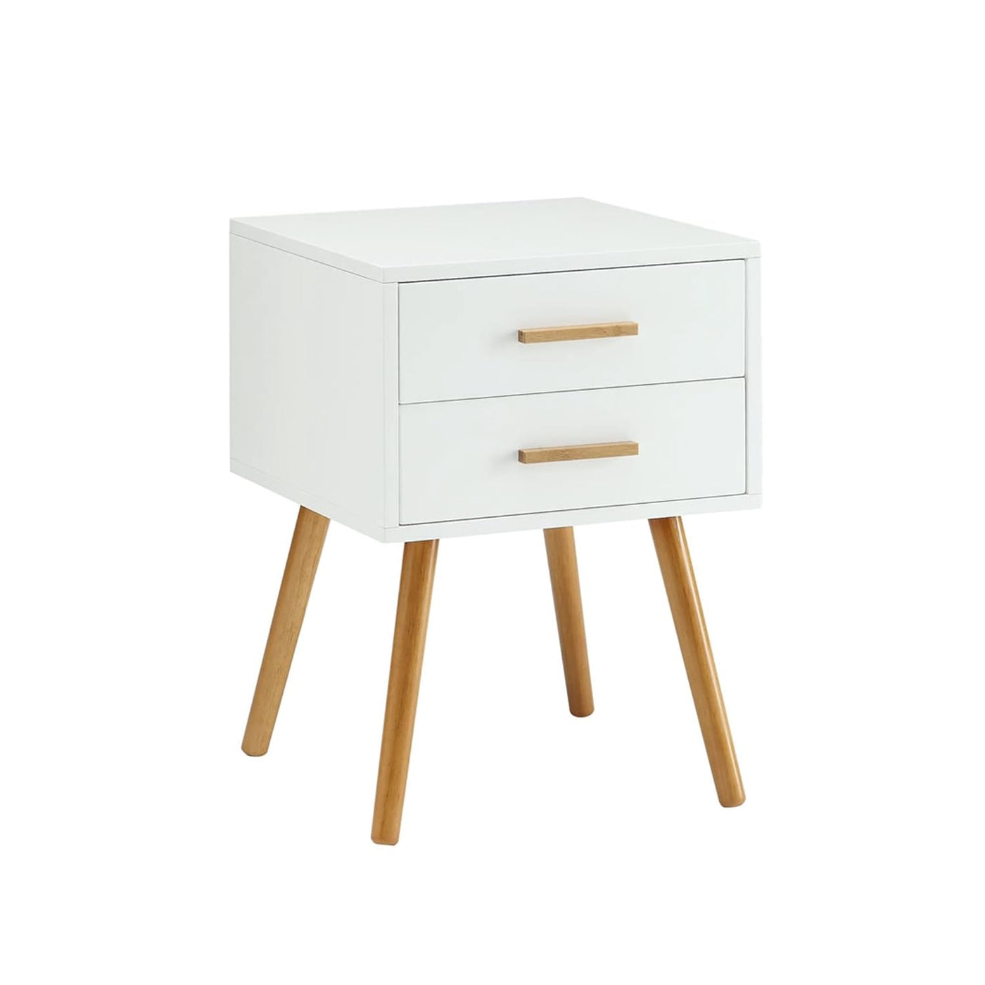 Modern 2-drawer end table nightstand in white piano finish with natural wood legs.