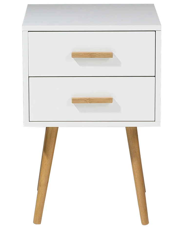 White piano-finish 2-drawer end table nightstand with natural wood legs and wood pulls.