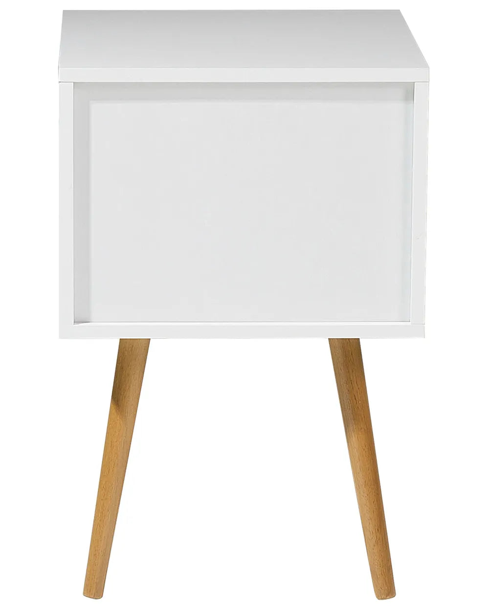 Modern white piano-finish end table with two drawers and angled wood legs