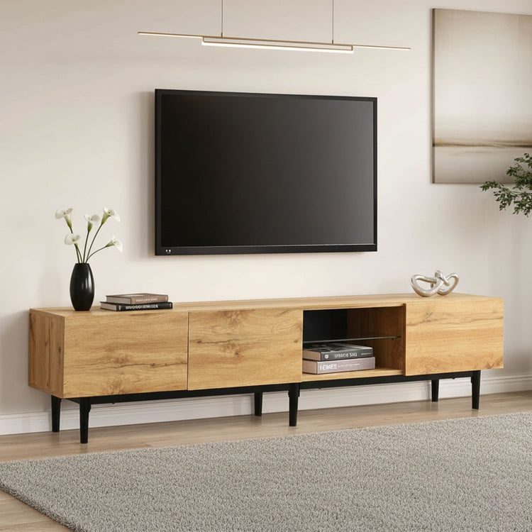 Modern wooden TV stand with four cabinets and open shelves, cable slot, for up to 80-inch TVs, black metal legs.