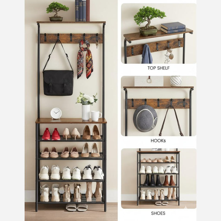 Multifunctional shoe rack with shelves, hooks, and shoes on a neutral background.