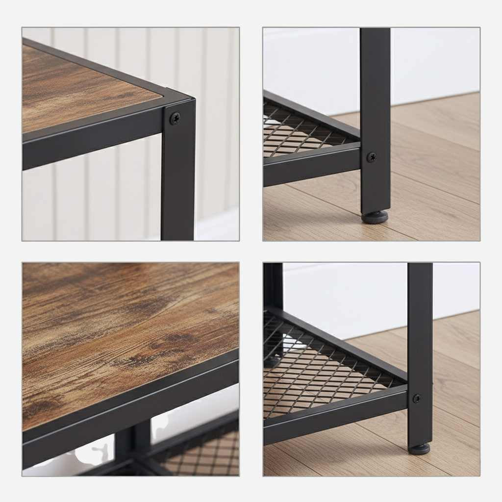 Industrial TV stand with wood top and metal frame, hidden storage, open shelf, and adjustable shelves for 65-inch TVs.