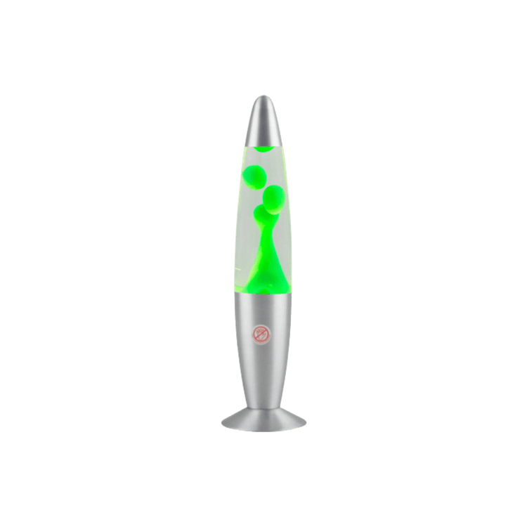 Small Night Light Wax Lamp With Colorful Wax Ball Motion with green liquid and silver base on a transparent background